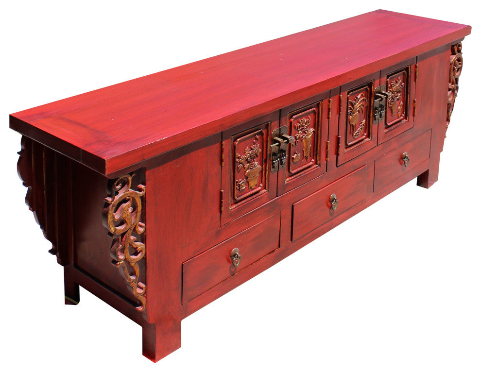 Chinese Distressed Red Dragon Motif TV Console Table Cabinet Hcs5728