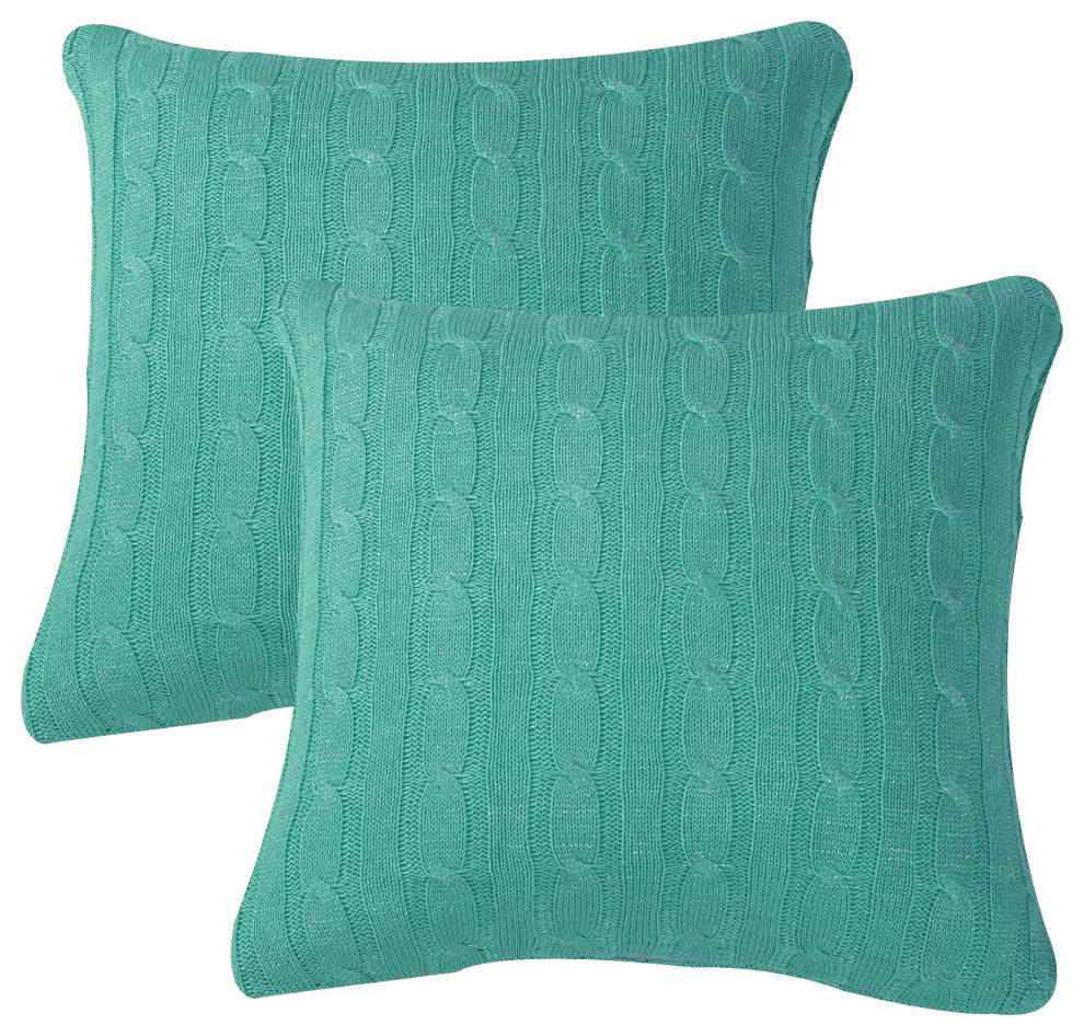 Cable Knit 2 Piece Throw Pillow Shell Set, Blue Turquoise, 2 Piece, 20"x20"