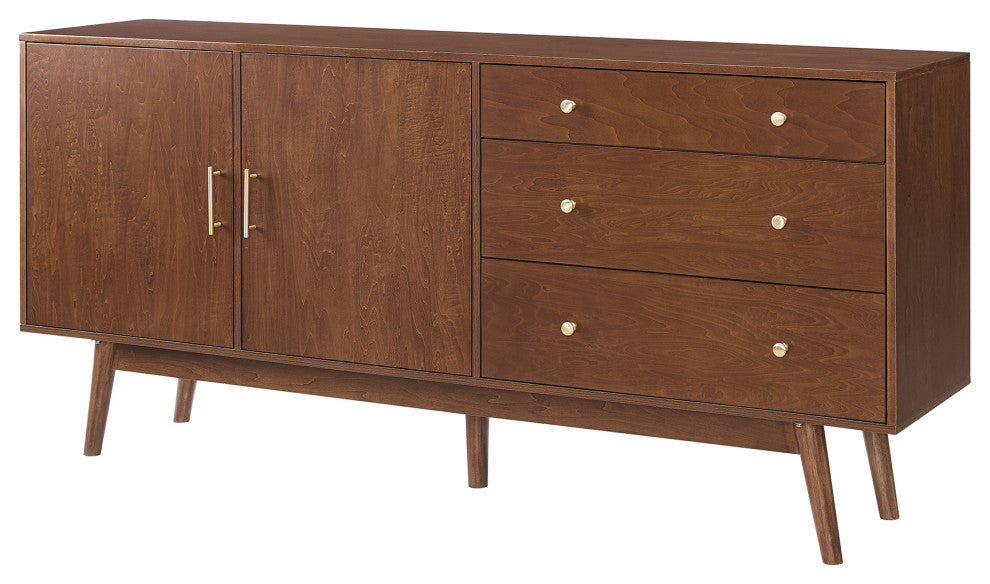 70" Mid Century Modern 3 Drawer, 2 Door Sideboard, Walnut