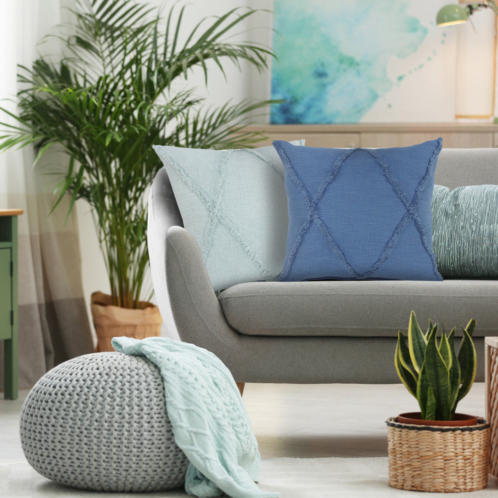 Boho Diamond Tufted Cotton Throw Pillow, Cobalt Blue, 18" X 18"