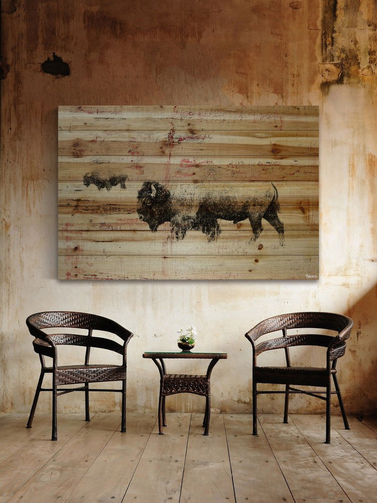 "Buffalo Walking" Painting Print on Natural Pine Wood, 36"x24"
