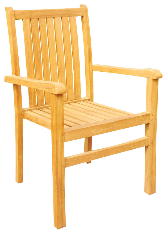 9-Piece Outdoor Teak Dining Set, 117" Oval Table, 8 Cahyo Stacking Arm Chairs