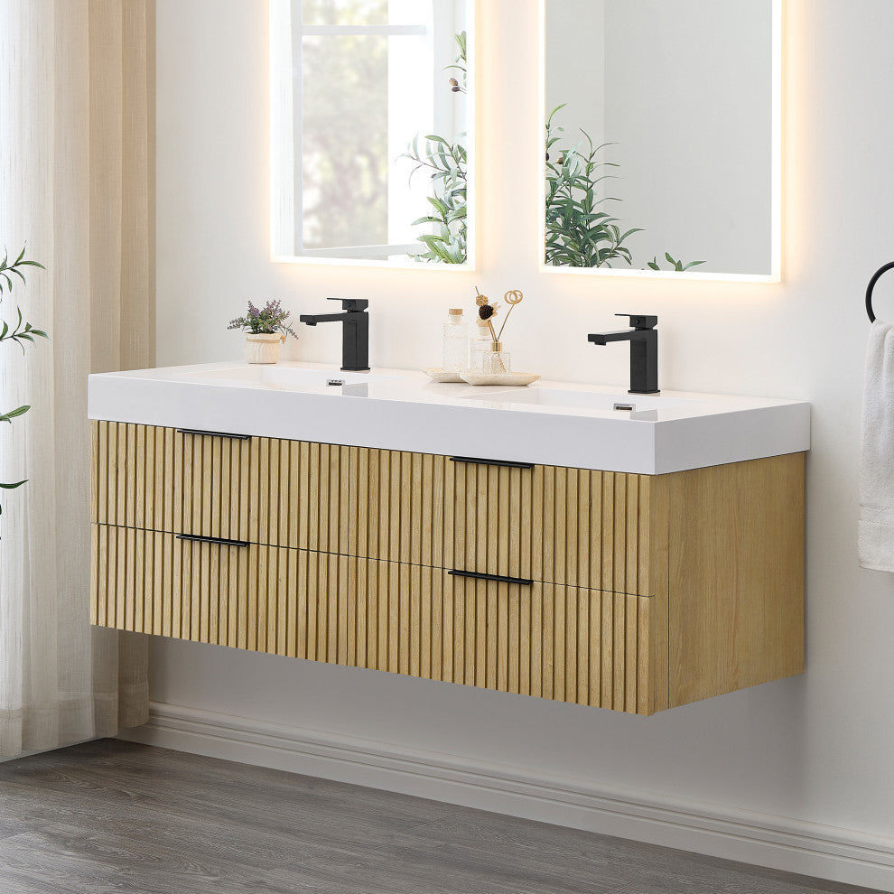 Livia Wall-mounted Bathroom Vanity, Nature Brown, 60inch, No Mirror
