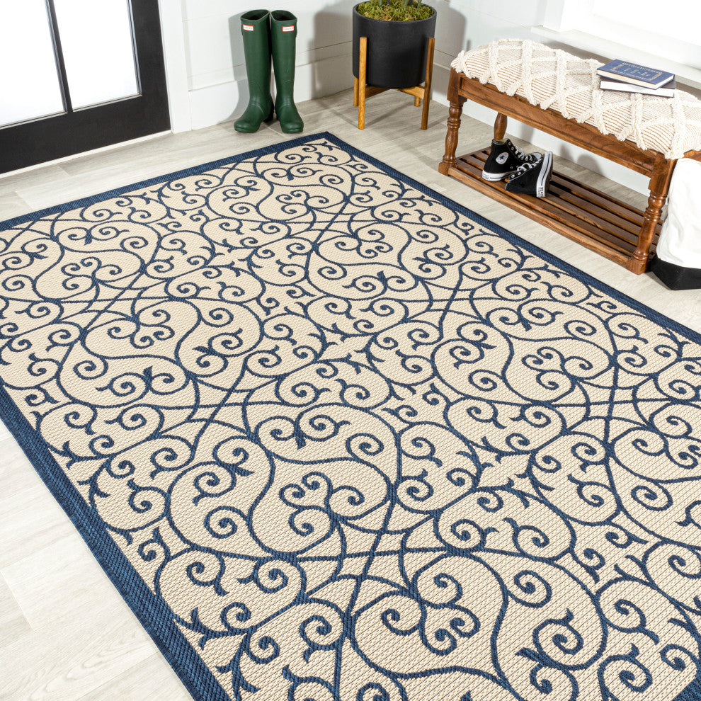 Madrid Vintage Filigree Textured Weave Indoor/Outdoor, Navy/Beige, 3 X 5