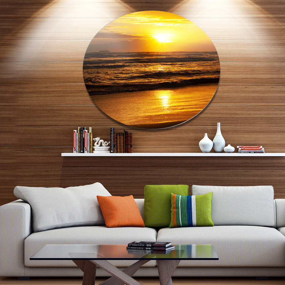 Bright Yellow Sunset Over Dark Sea, Beach Large Disc Metal Artwork, 11"