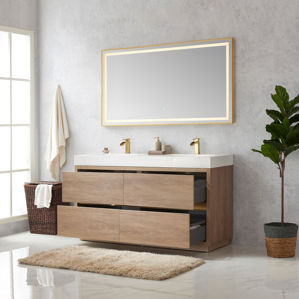 Huesca Bath Vanity, Integrated Sink Top, North American Oak, 60" Double Sink, With Mirror