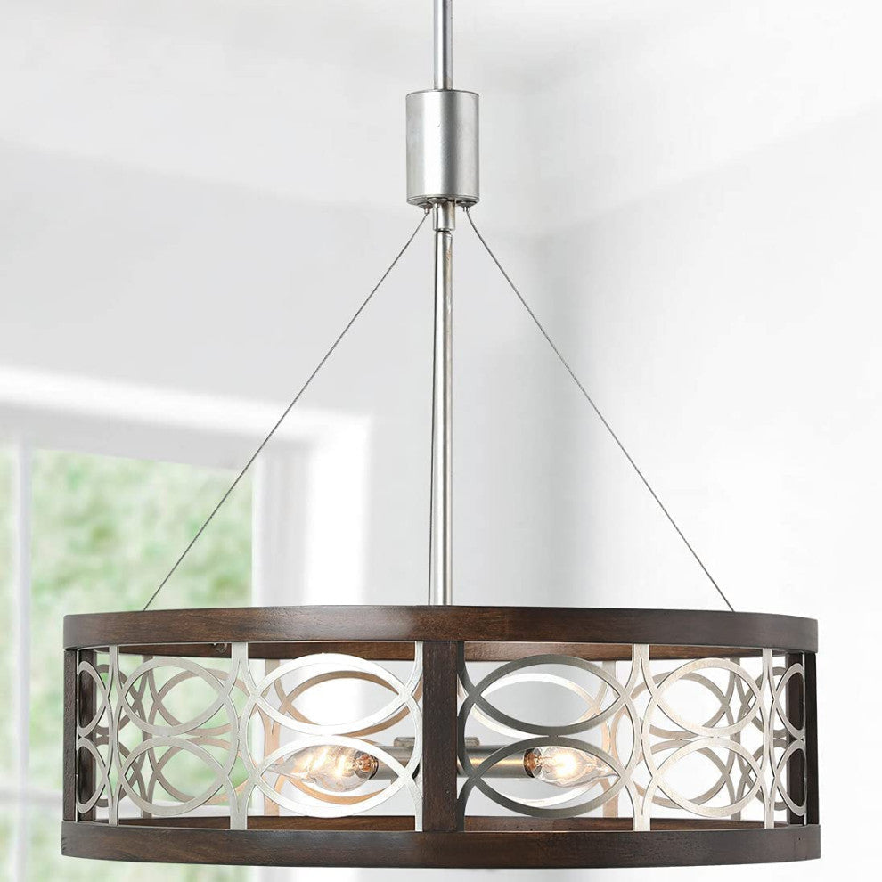 4 Light Farmhouse Dining Chandelier Drum Round Pendant Light With Chrome Finish