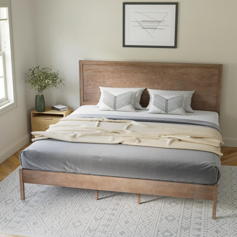 Asher Solid Wood Platform Bed with Wooden Slats and Headboard, Light Brown, King