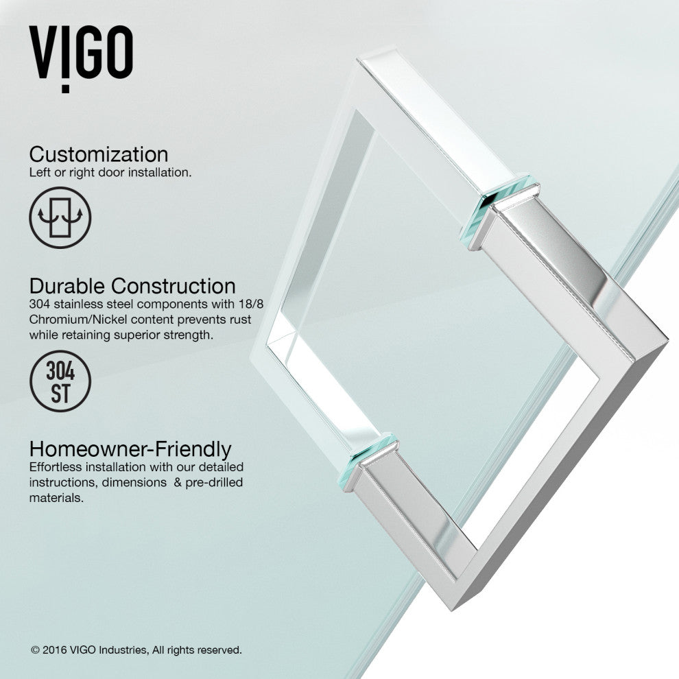 VIGO Ryland 62" to 64" W x 73" H Frameless Track Sliding Shower Door, Chrome, Clear Glass