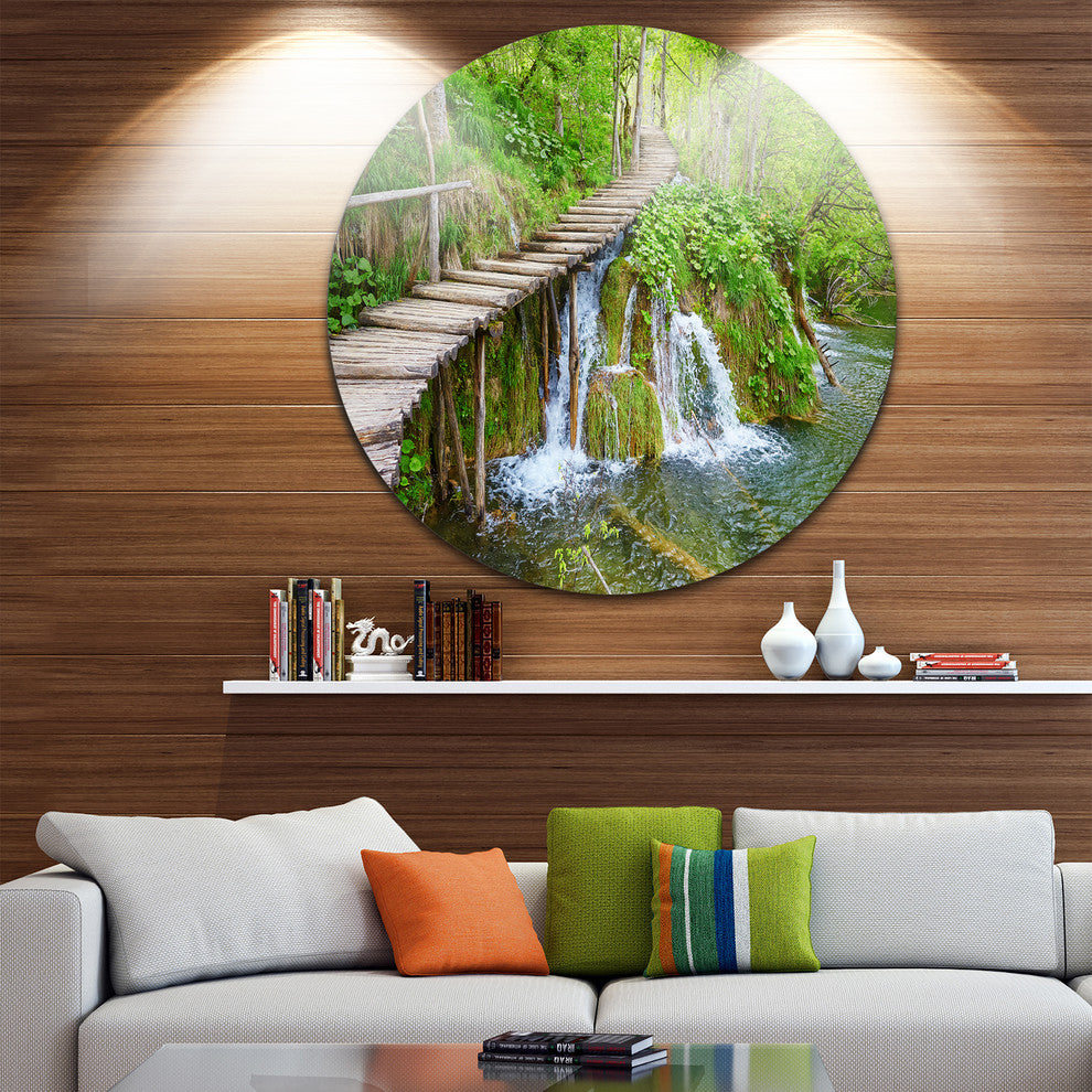 Cascades In Plitvice Lakes, Landscape Photo Round Metal Wall Art, 36"