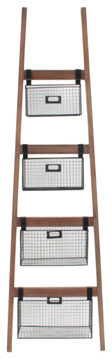 Wall Ladder Shelf & Bookcase With Wire Storage Baskets