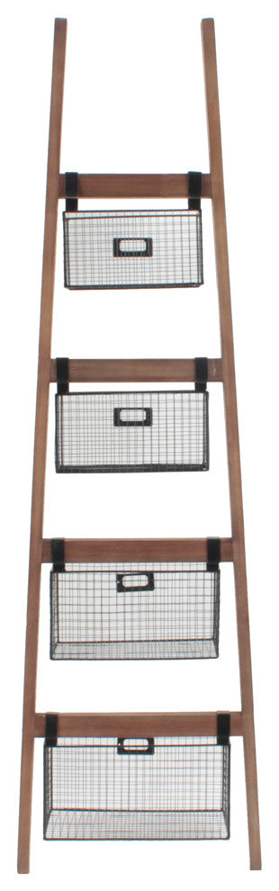 Wall Ladder Shelf & Bookcase With Wire Storage Baskets