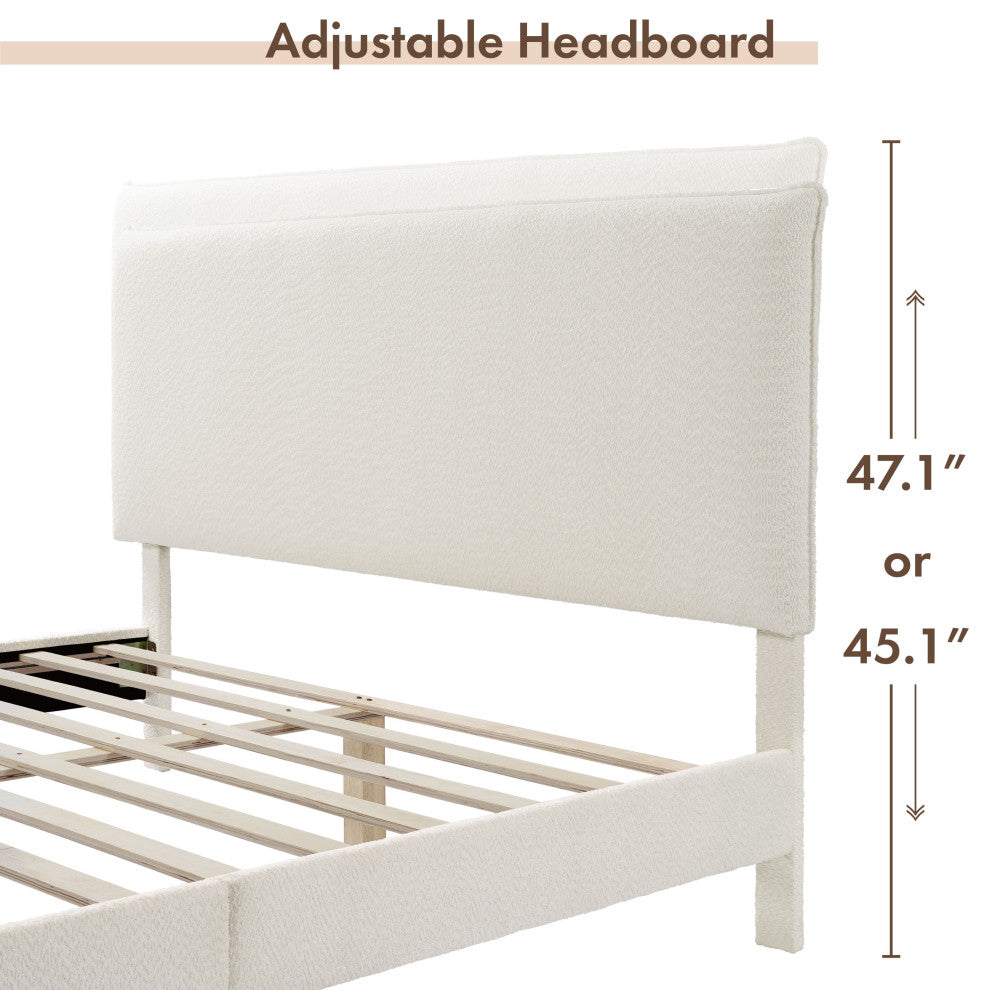 Miles White Boucle Upholstered Wood Frame Platform Bed, Queen, Pillow