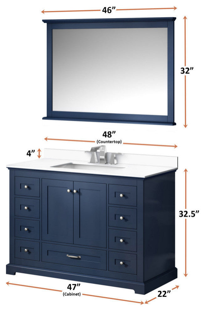 Dukes 48" Navy Blue Single Square Sink Vanity with Quartz Top, With Mirror