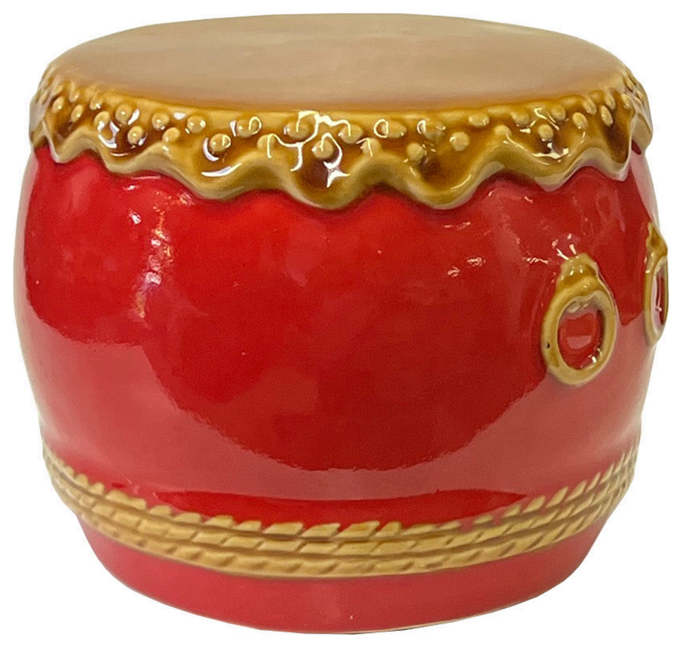 Chinese Red Ceramic Small Traditional Drum Shape Display Hws3071