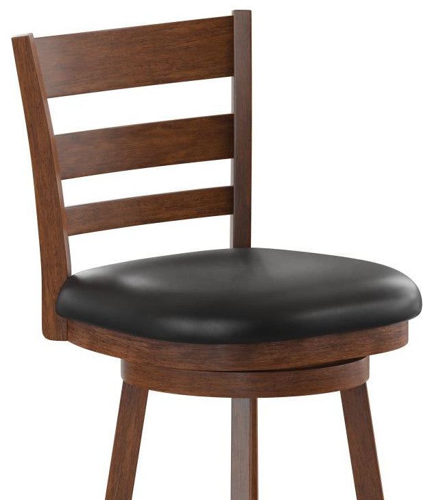 Zerrick Ladderback Swivel Counter Height Barstool with Padded Seat, Black Vinyl/Antique Oak Frame