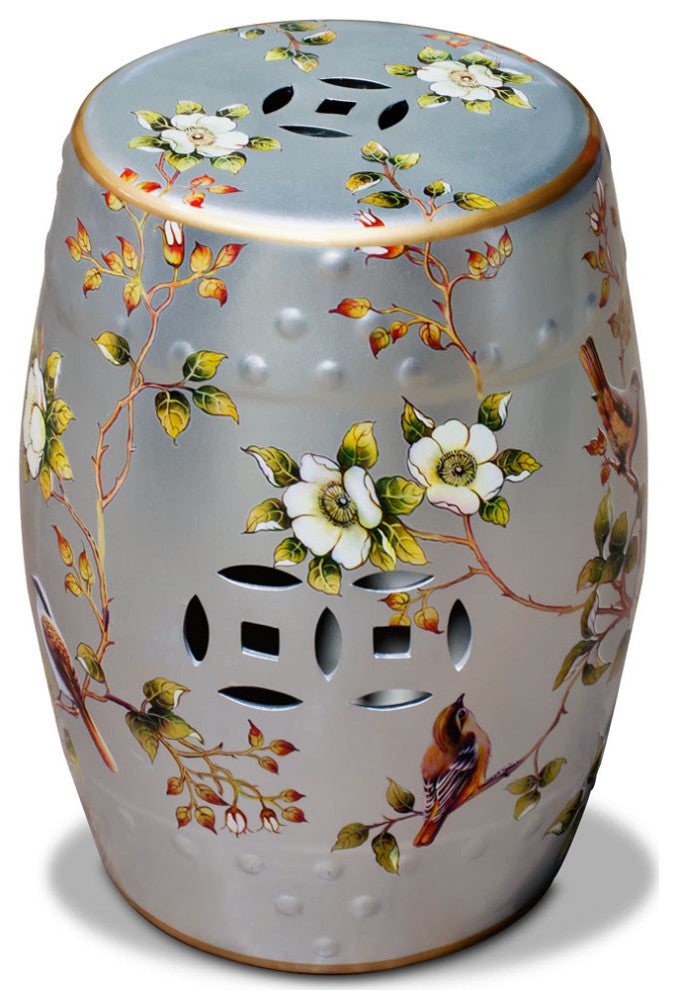 Silver Famille Jaune Peony and Bird Motif Asian Garden Stool