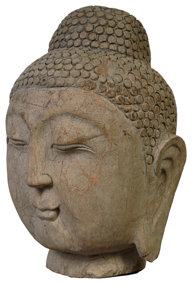 Consigned 14" Antique Chinese Carved Stone Buddha Head Statue