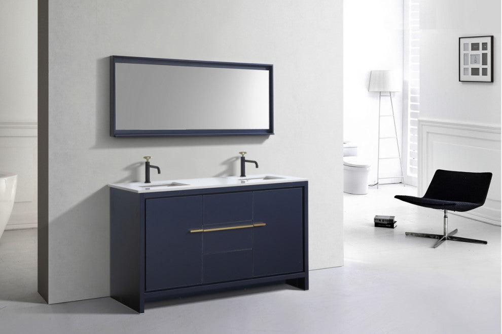 Dolce 60" Double Sink Vanity, White Quartz Countertop, High Gloss White, Blue