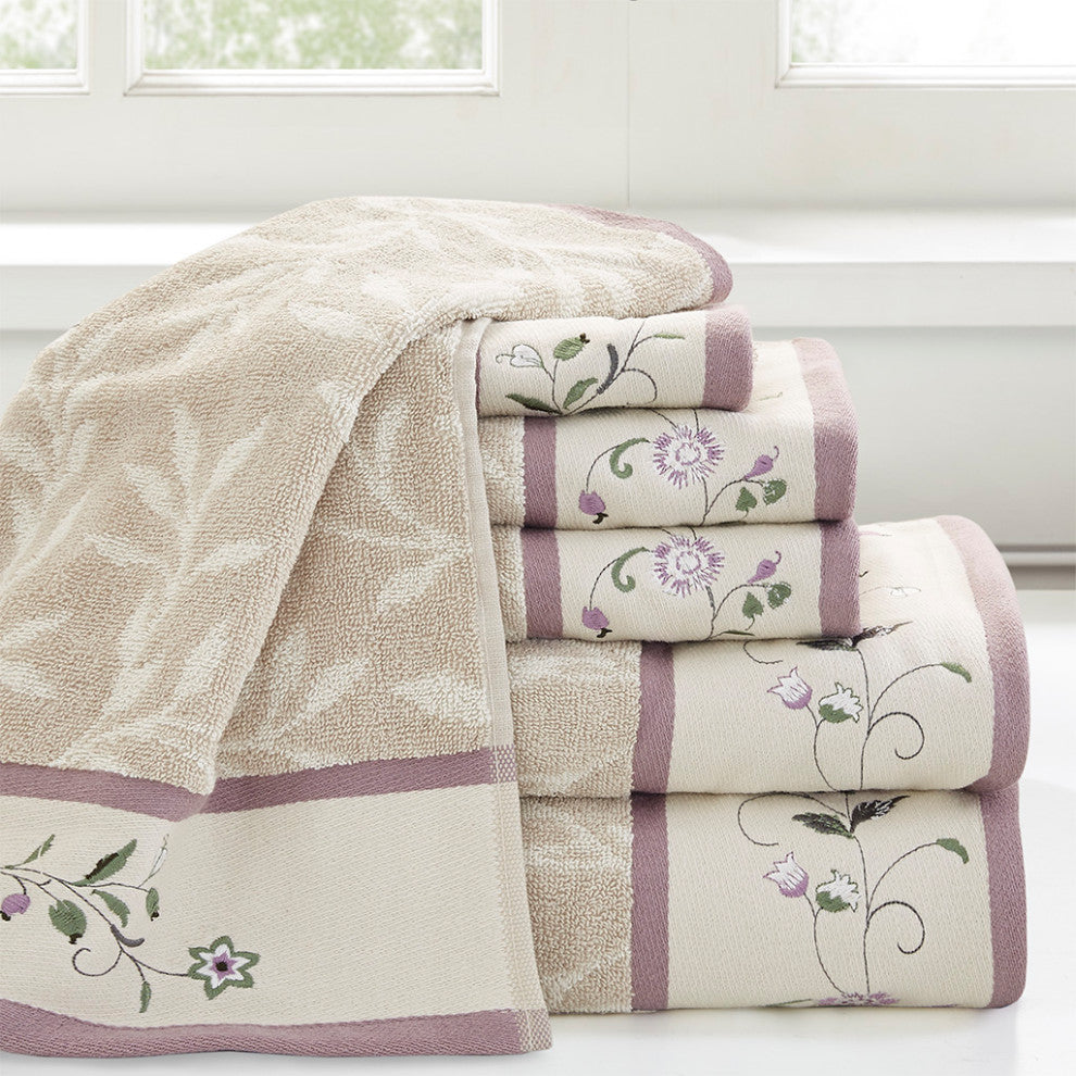 Madison Park Serene Embroidered Cotton Jacquard 6-Piece Towel Set, Purple