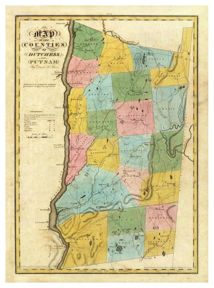 "New York - Dutchess, Putnam counties, 1829" Print by David H. Burr, 24"x32"