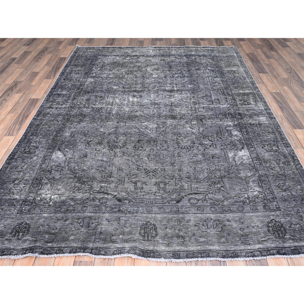Slate Gray, Worn Wool, Hand Knotted, Vintage Persian Tabriz Rug, 6'6"x9'6"
