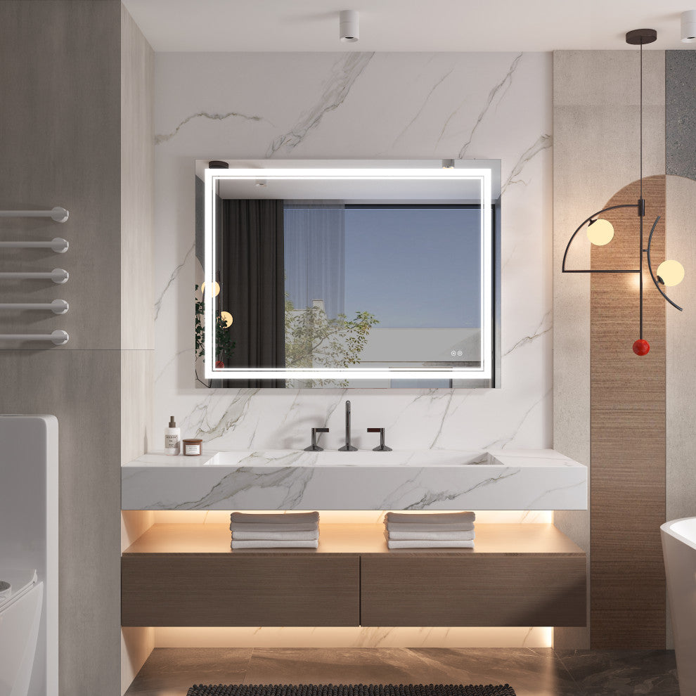 Frameless LED Lighted Bathroom Mirror With Defogger Dimmer, 48"x36"