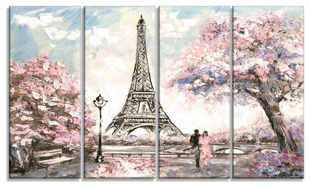 Eiffel with Pink Flowers, Landscape Canvas Art Print, 48"x28", 4 Panels