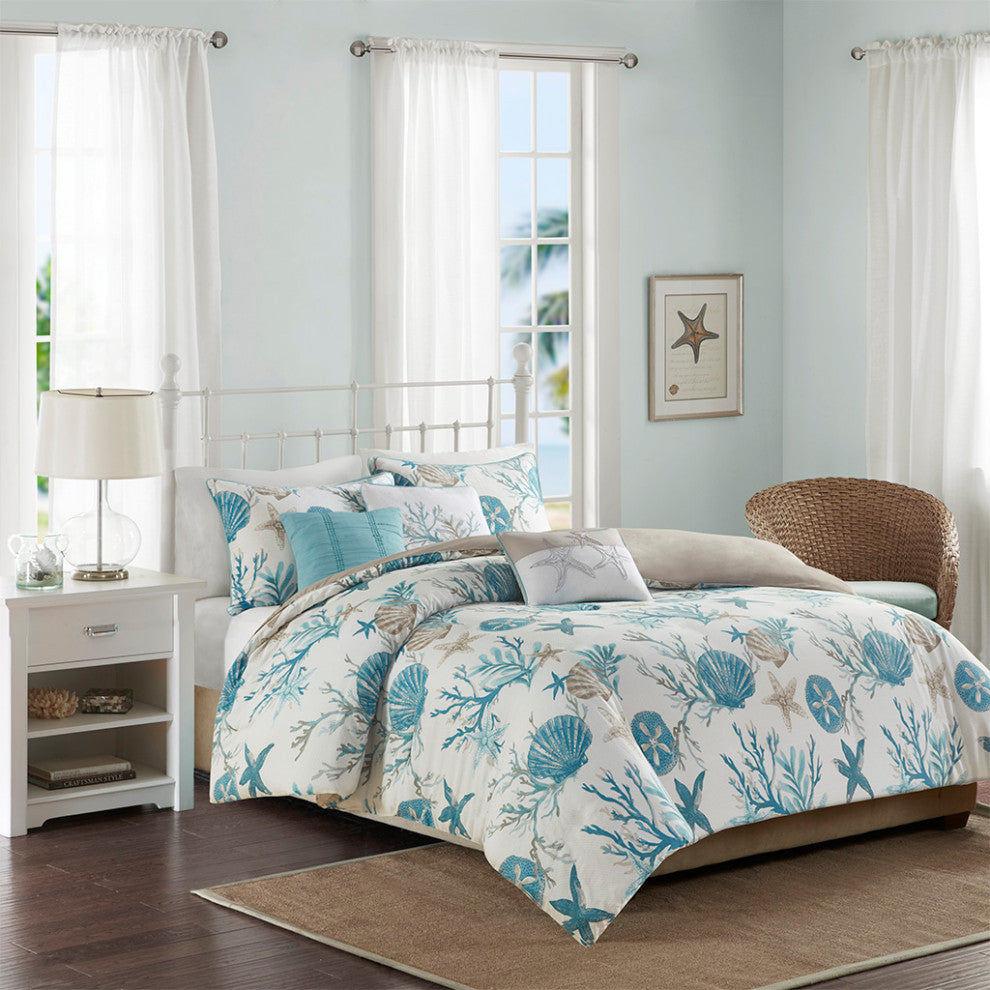 Madison Park Pebble Beach 6 Piece Cotton Sateen Duvet Cover Set, Aqua