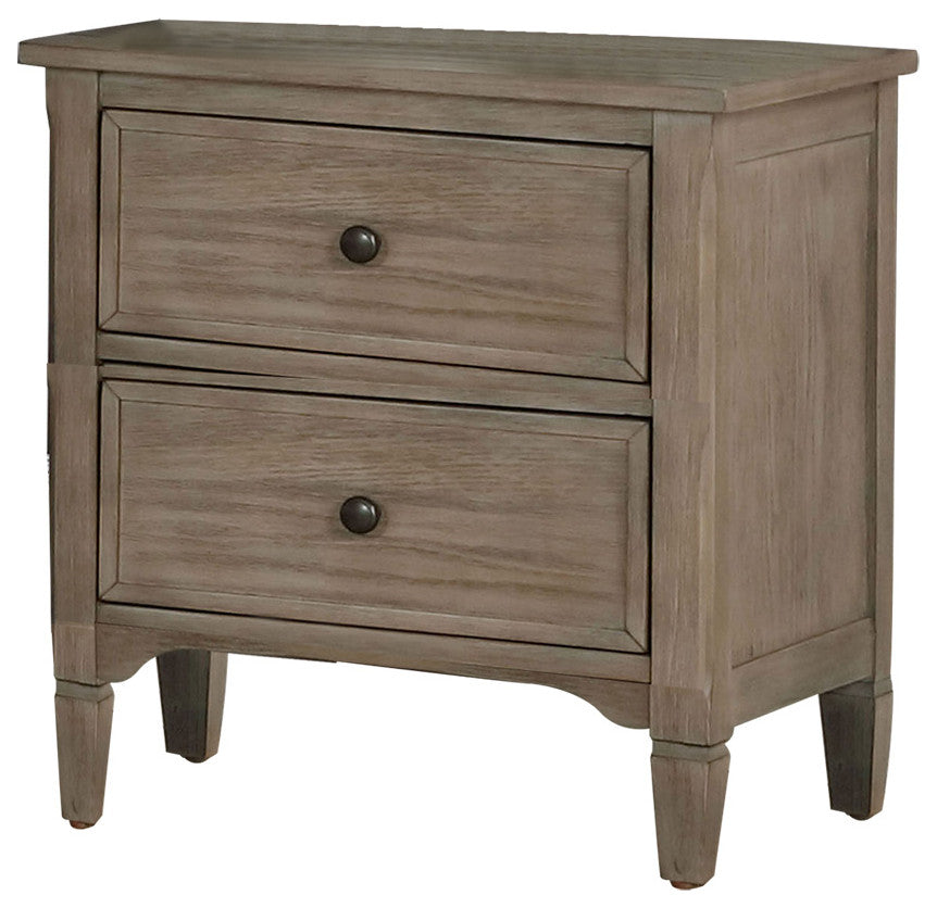 2 Drawers Wooden Night Stand, Wire-Brushed Warm Gray