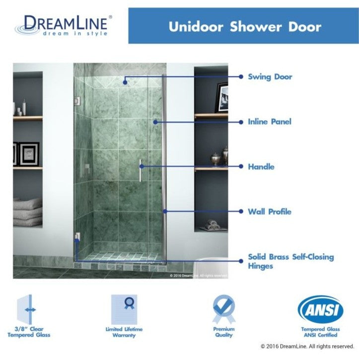 DreamLine Unidoor 29"-30" Frameless Hinged Shower Door, Clear Glass, Chrome
