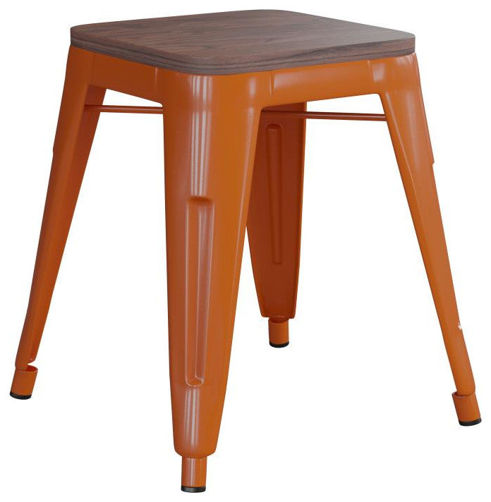 Kai Commercial Grade 18" Barstool with Wooden Seat, Stackable, Set of 4, Orange