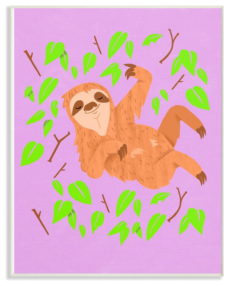 The Kids Room Sloth In Green Leaves on Pink Cartoon Wall Plaque Art, 10"x15"