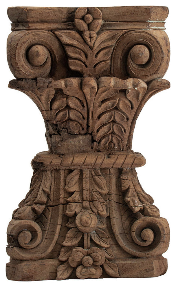 Benzara BM285223 Classic Stool Table, Carved Pillar Accent, Wood, Antique Brown