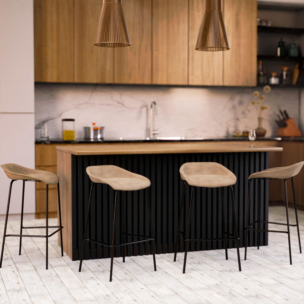 LeisureMod Servos Barstool With Faux Leather Seat and Iron Frame, Sand Brown