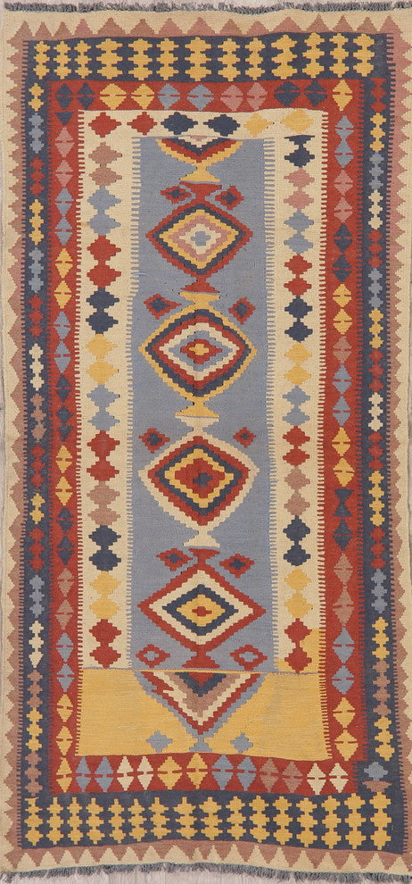 Turkish Flat-Woven Oriental Kilim Pure Wool Traditional Runner Rug, 7'5"X3'4"
