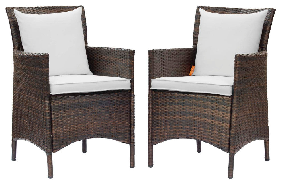 Side Dining Chair Armchair, Set of 2, Rattan, Wicker, Brown White, Outdoor