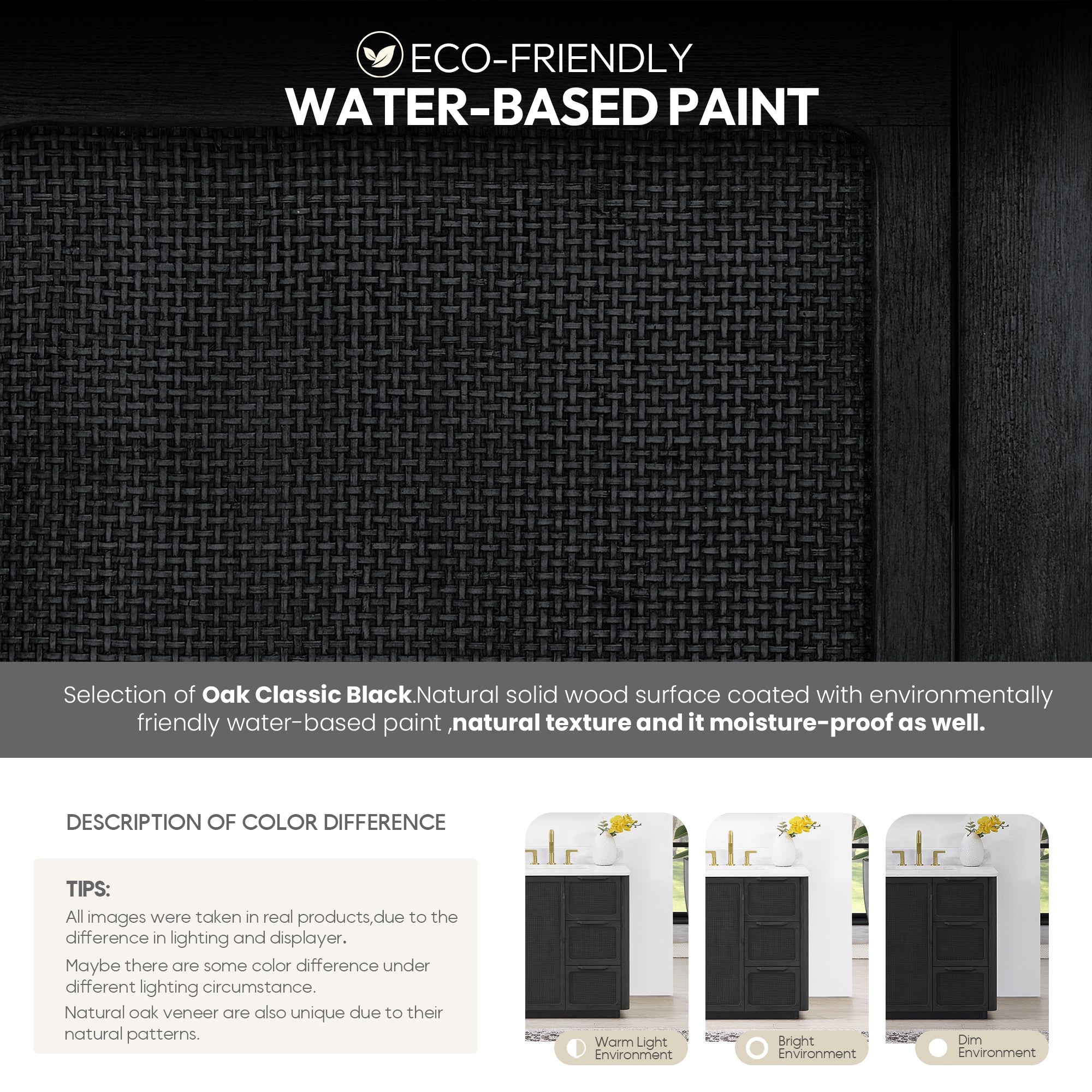 Busan Bath Vanity, Quartz Top No Mirror, Oak Classic Black, 36", Single Vanity