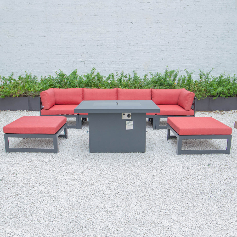 LeisureMod Chelsea 7-Piece Outdoor Sectional With Fire Pit Table, Red