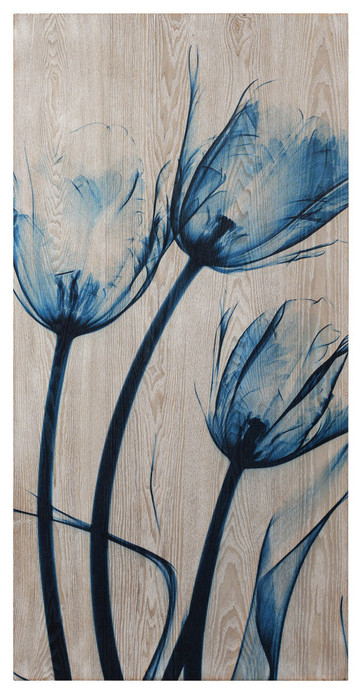 Blue Tulip Wall Art X-Ray Photography Giclee Printed on Hand Finished Ash Wood