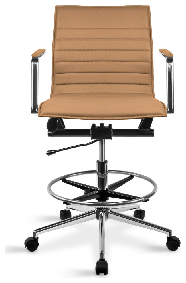 Drafting Chair Upholstered PU Leather Ribbed Mid Back Swivel Armchair, Tan