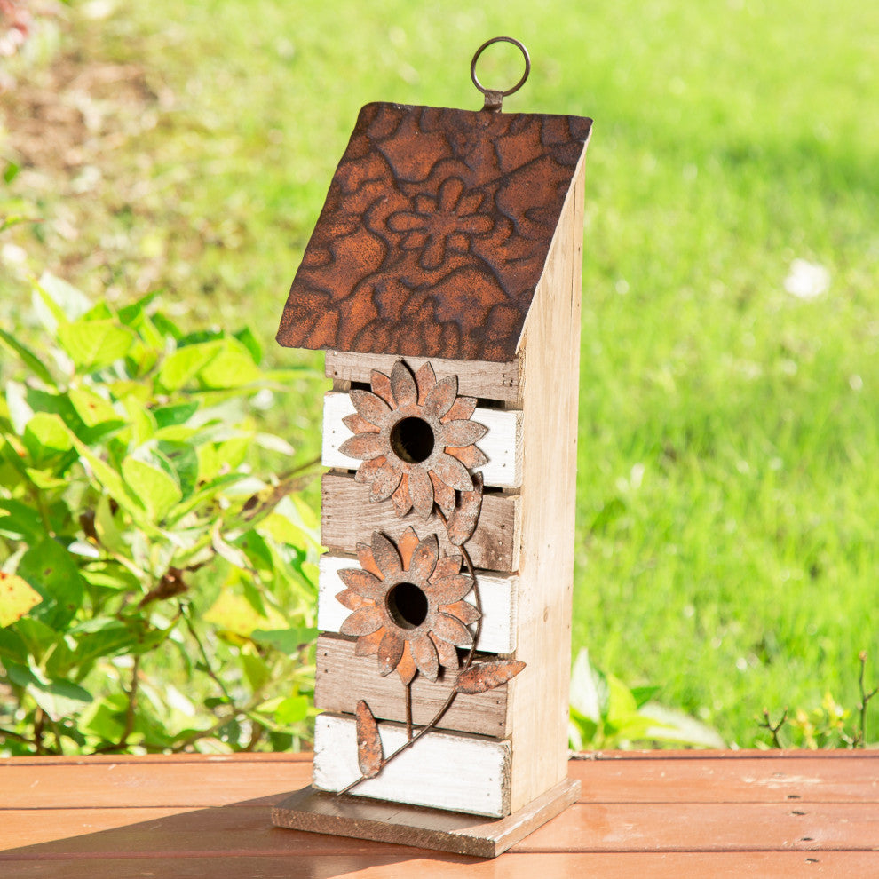 14.5"H Brown/White Two-Tiered Distressed Solid Wood Birdhouse