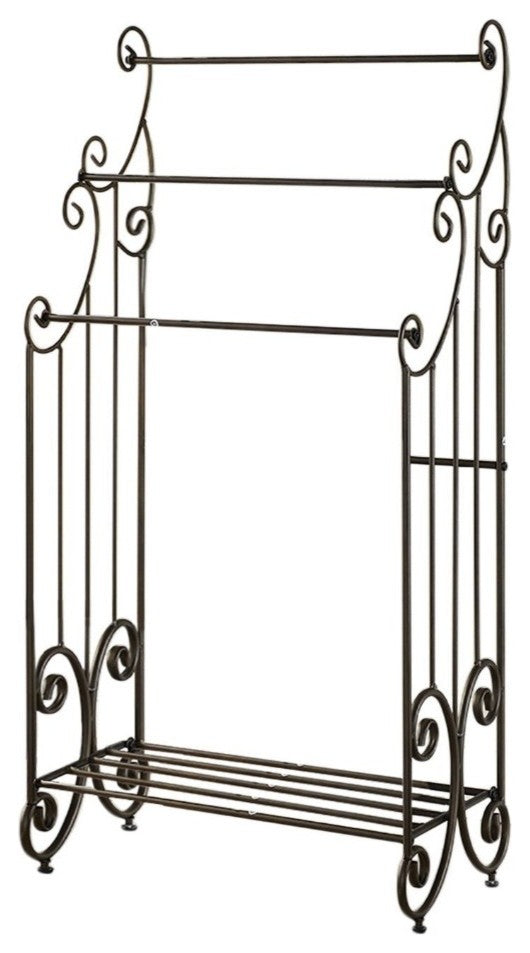 Benzara Free Standing Three Bar Towel Rack Stand With Shelf, Black