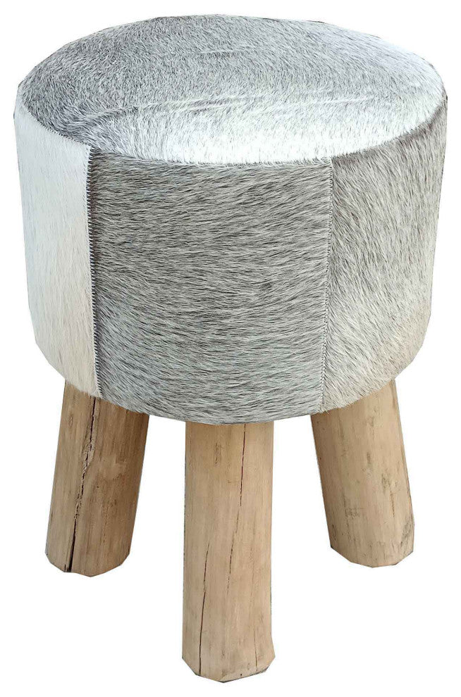 Joni Stool and Pouf, Gray Cowhide