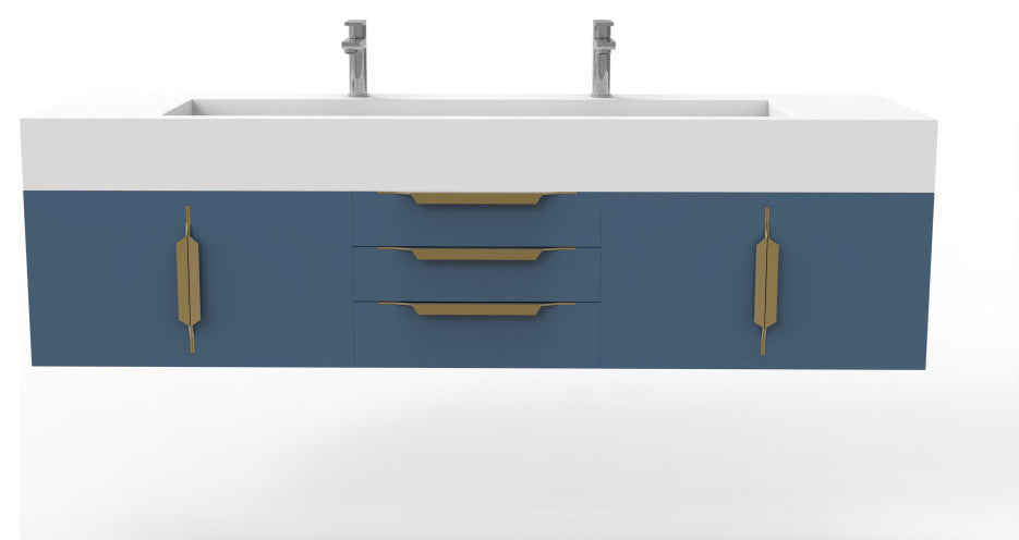 CastelloUSA Nile 72" Wall Mounted Bathroom Vanity Set, Blue, White Top, Gold Handles