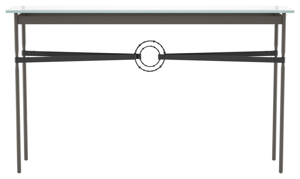 Equus Console Table, Dark Smoke Finish - Black Accents - Black Leather Strap