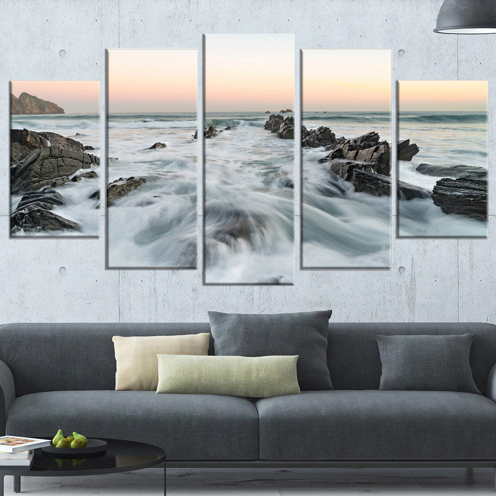 "Waves Hitting Beach At Sunrise Atlantic" Seascape Wall Art, 5 Panels, 60"x32"