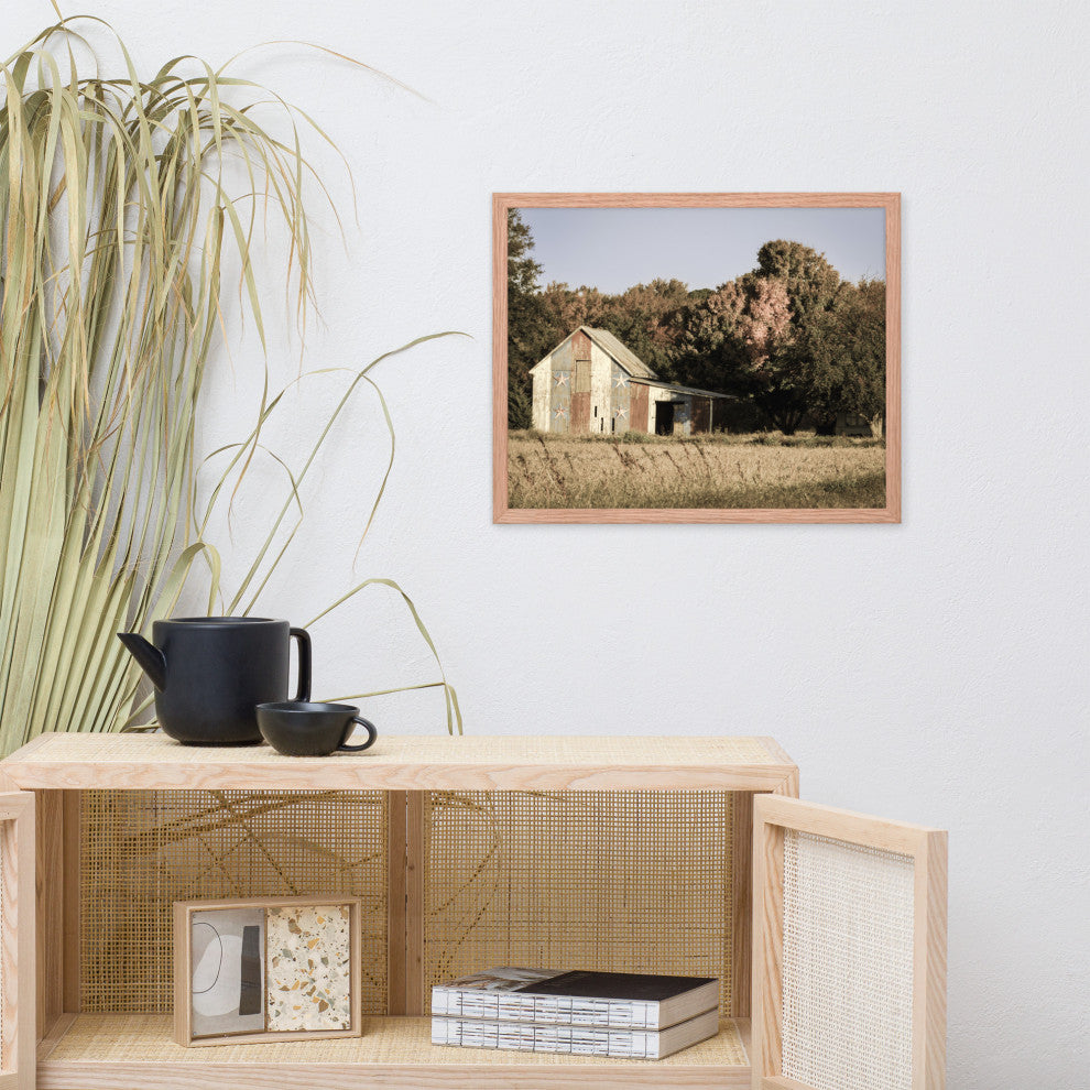 Patriotic Barn in Field Aged Effect Framed Photo Paper Wall Art Prints, Red Oak, 16" X 20"