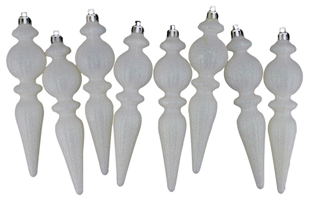 Winter White Glittered Ribbed Shatterproof Christmas Finial Ornaments, Set of 8