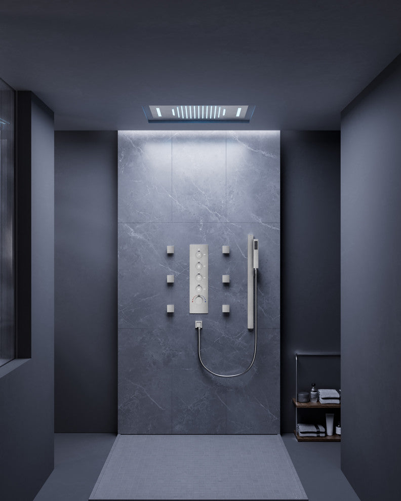 LED Thermostatic Shower System Rain Shower Head With 6 Body Jets, Brushed Nickel, 23"x15", Slide Bar